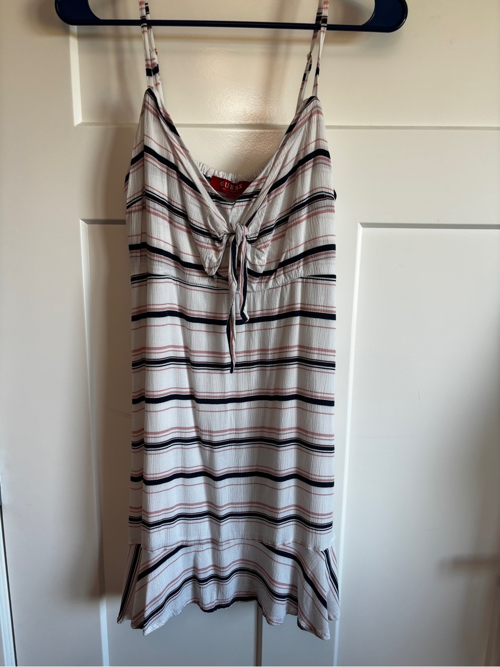 Guess Women’s White Striped Tie-Front Top with Navy & Pink Stripes